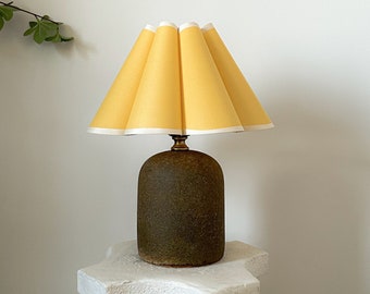 Handmade Ceramic Stoneware Table Lamp 110-240v Vintage Yellow Fabric Petal Pleated Shade, Bedroom Living Room Kitchen Retro Cozy Decor