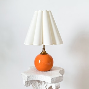 Handmade Orange Ceramic Table Lamp 110-250V, Cream Fabric Pleated Scallop Petal Tall Shade Bedroom Living Room Kitchen Retro Neutral Decor