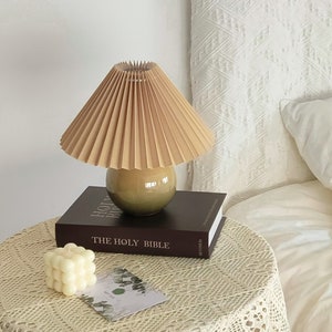 Ceramic Small Brown Table Lamp, Fabric Shade 110-240V, For Bedroom Living Room Kitchen Rustic Coz Art Decorative Nightstand Little Desk Lamp image 2