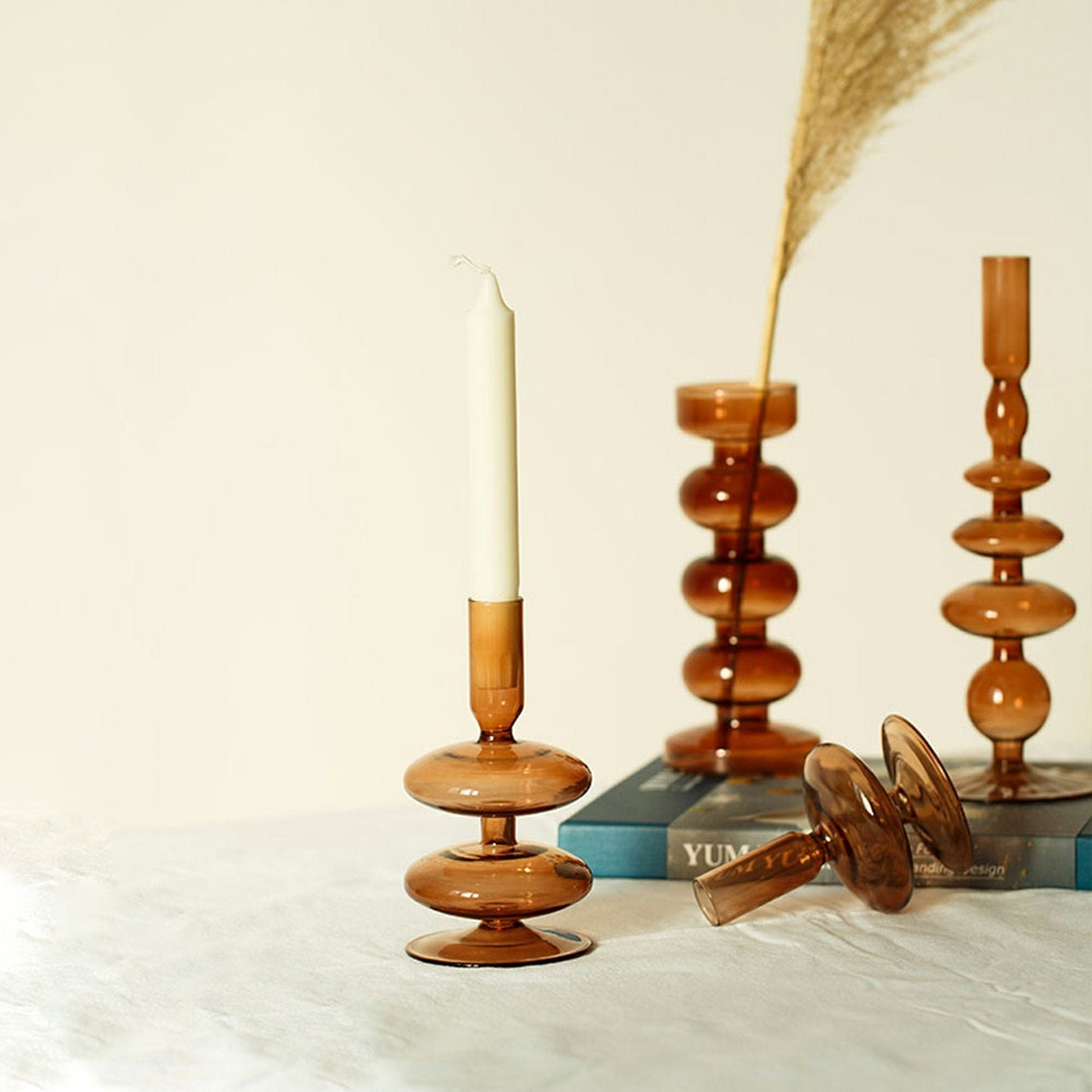 Vintage Inspired Glass Pillar Candle Holders Antique Amber Etsy