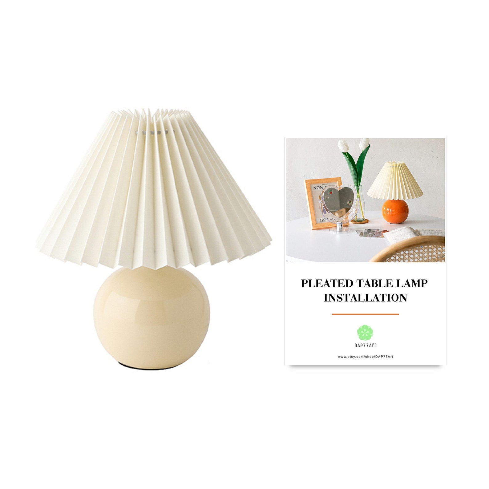 Ceramic Table Lamp With White Pleated Lamp Shade Cream Bedside Etsy