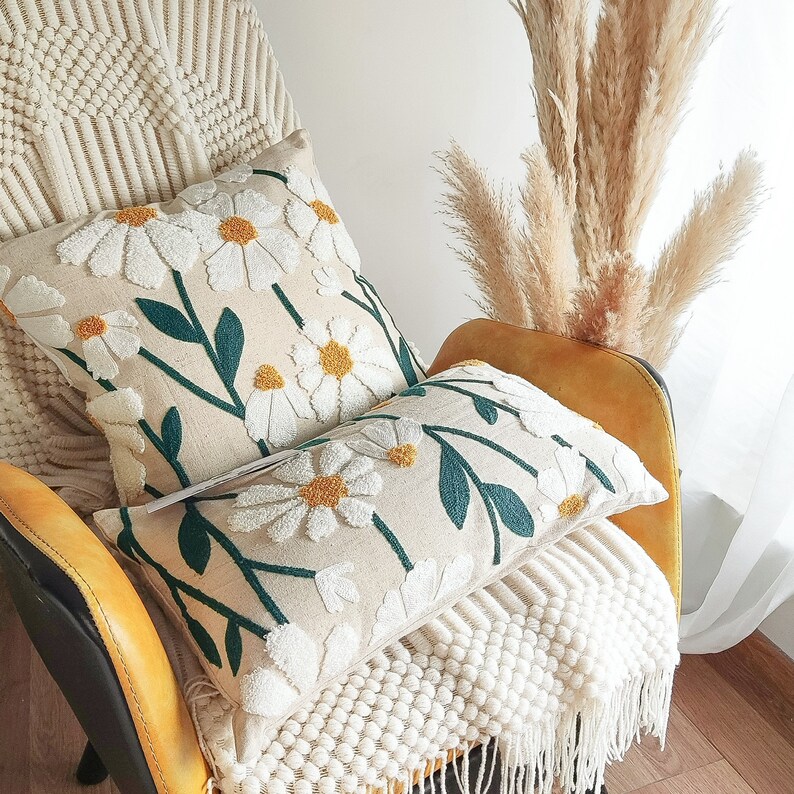 Flower Embroidered Throw Pillows Covers 18x18 Handmade Floral Etsy