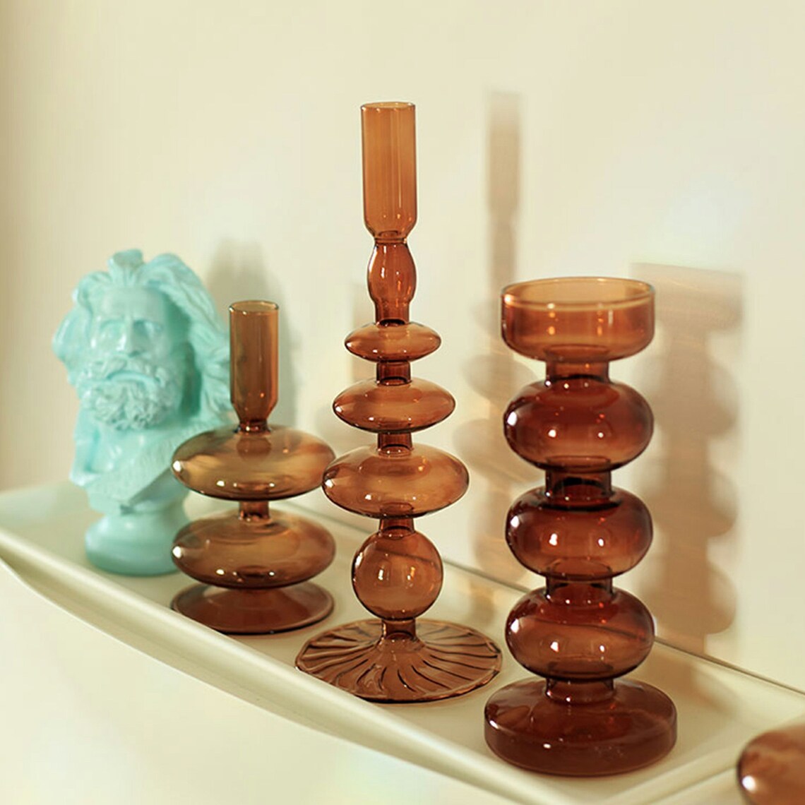 Vintage Inspired Glass Pillar Candle Holders Antique Amber Etsy