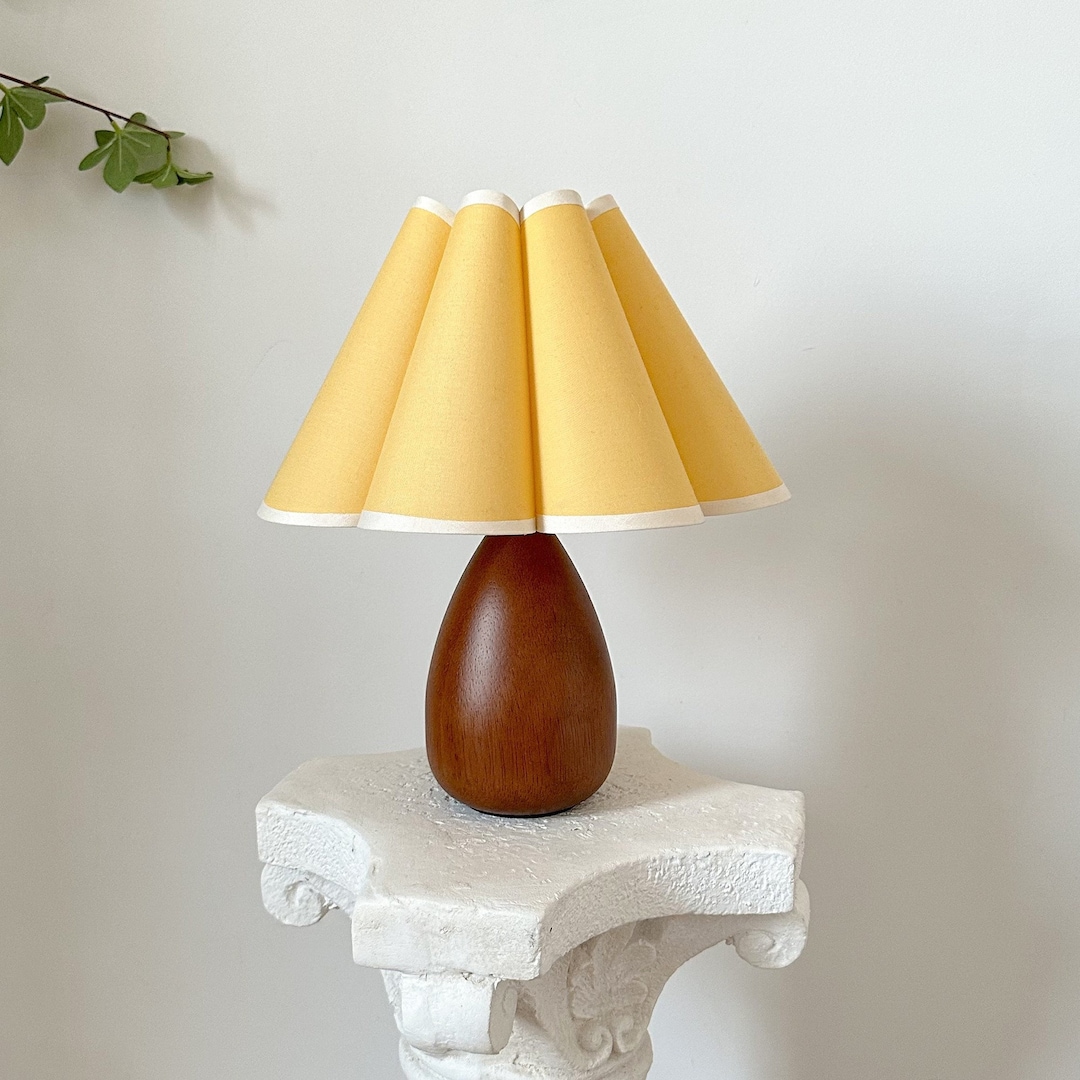 Handmade Wood Table Lamp, Yello Fabric Shade 110-240V Retro Rustic Cozy ...