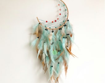Handmade Crescent Moon Native American Dreamcatcher Cyan Feathers Bedroom Wall Decor Hanging Art Birthday Gifts