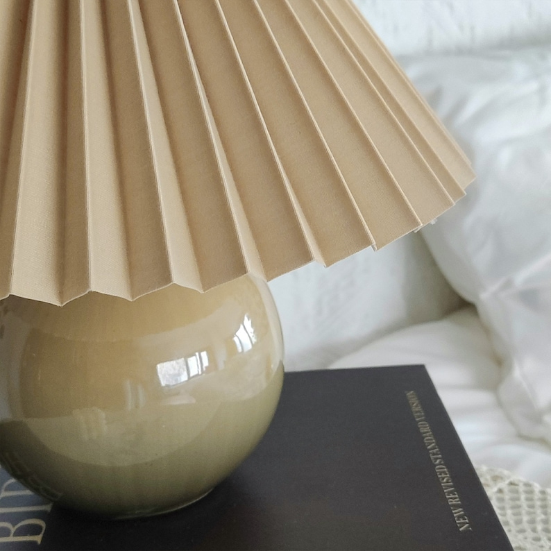 Ceramic Small Brown Table Lamp, Fabric Shade 110-240V, For Bedroom Living Room Kitchen Rustic Coz Art Decorative Nightstand Little Desk Lamp image 5