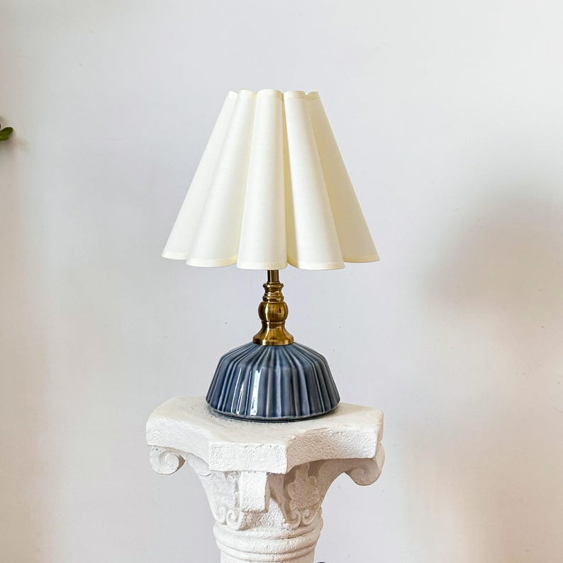 Handmade Classic Navy Ceramic Table Lamp 110-250V, Pleated Scallop Cream Tall Petal Shade Bedroom Living Room Kitchen Neutral Decor