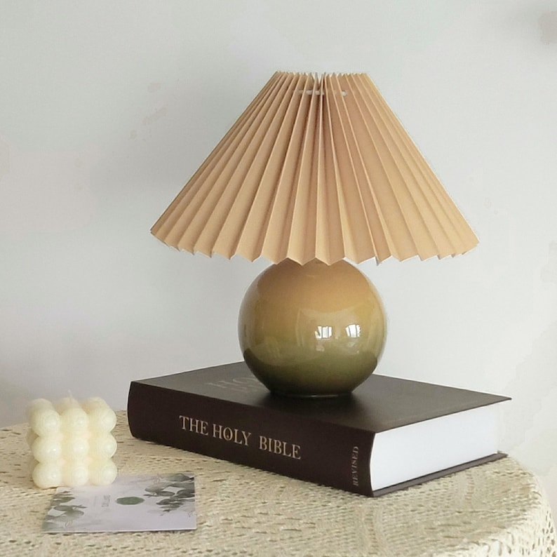 Ceramic Small Brown Table Lamp, Fabric Shade 110-240V, For Bedroom Living Room Kitchen Rustic Coz Art Decorative Nightstand Little Desk Lamp image 1