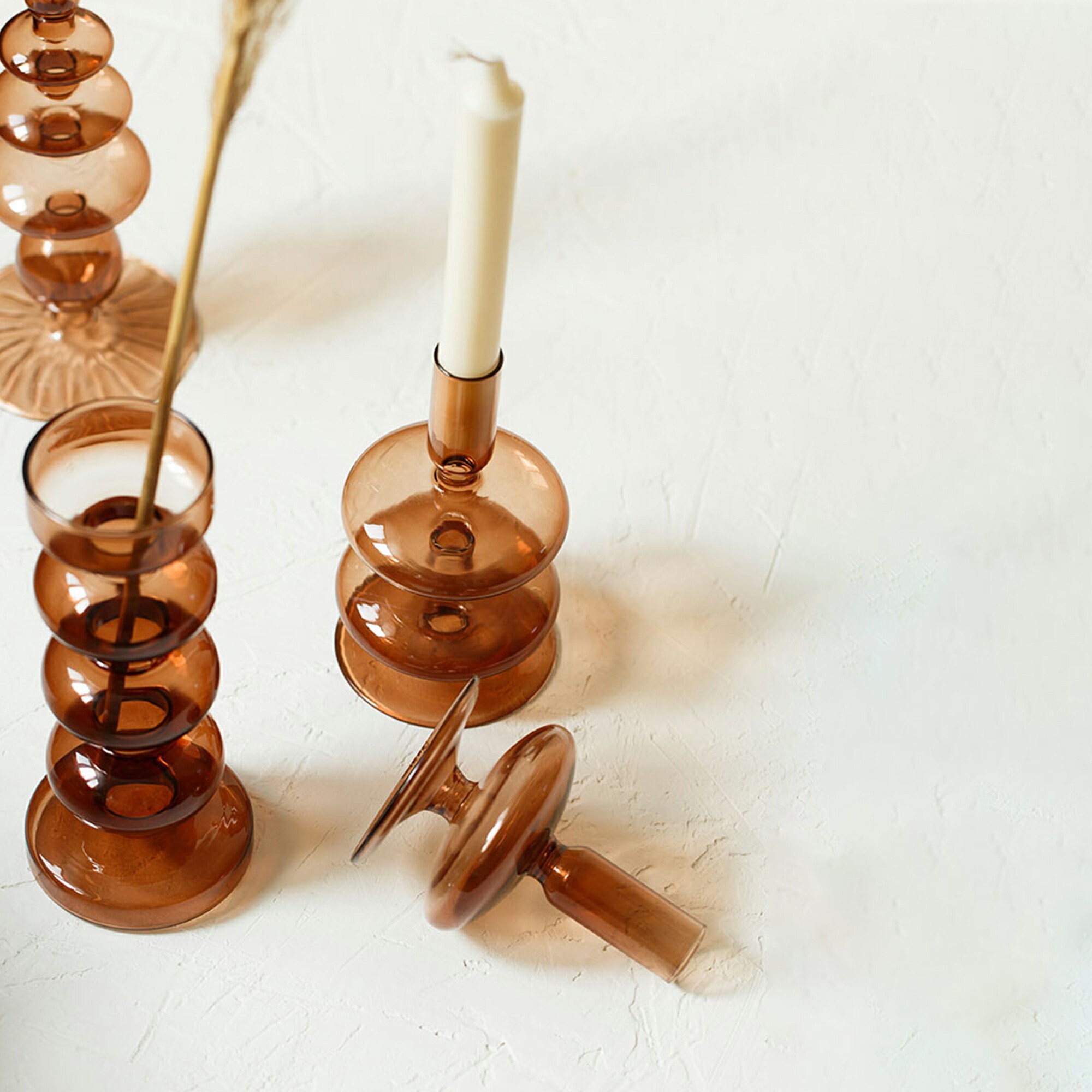 Vintage Inspired Glass Pillar Candle Holders Antique Amber Etsy