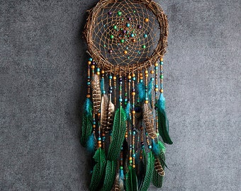 Handmade Peacock Dreamcatcher, Personalized Gifts For Mom and Friend, Green Feathers Macrame Wall Hanging, Traditional Native Dream Catcher