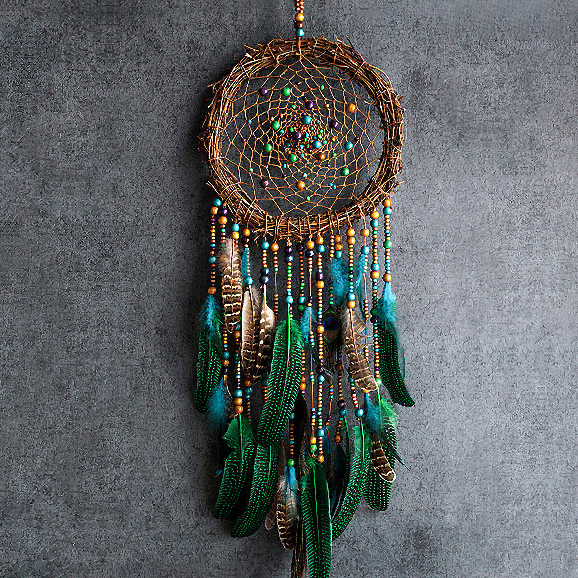 Handmade Peacock Dreamcatcher, Personalized Gifts For Mom and Friend, Green Feathers Macrame Wall Hanging, Traditional Native Dream Catcher