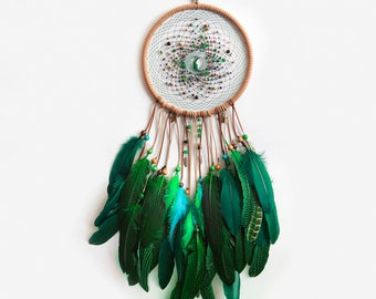 Crystal Crescent Moon Feather Dream Catcher, Handmade Traditional Native Dreamcatcher, Macrame Wall Hanging, Personalized Unique Gifts