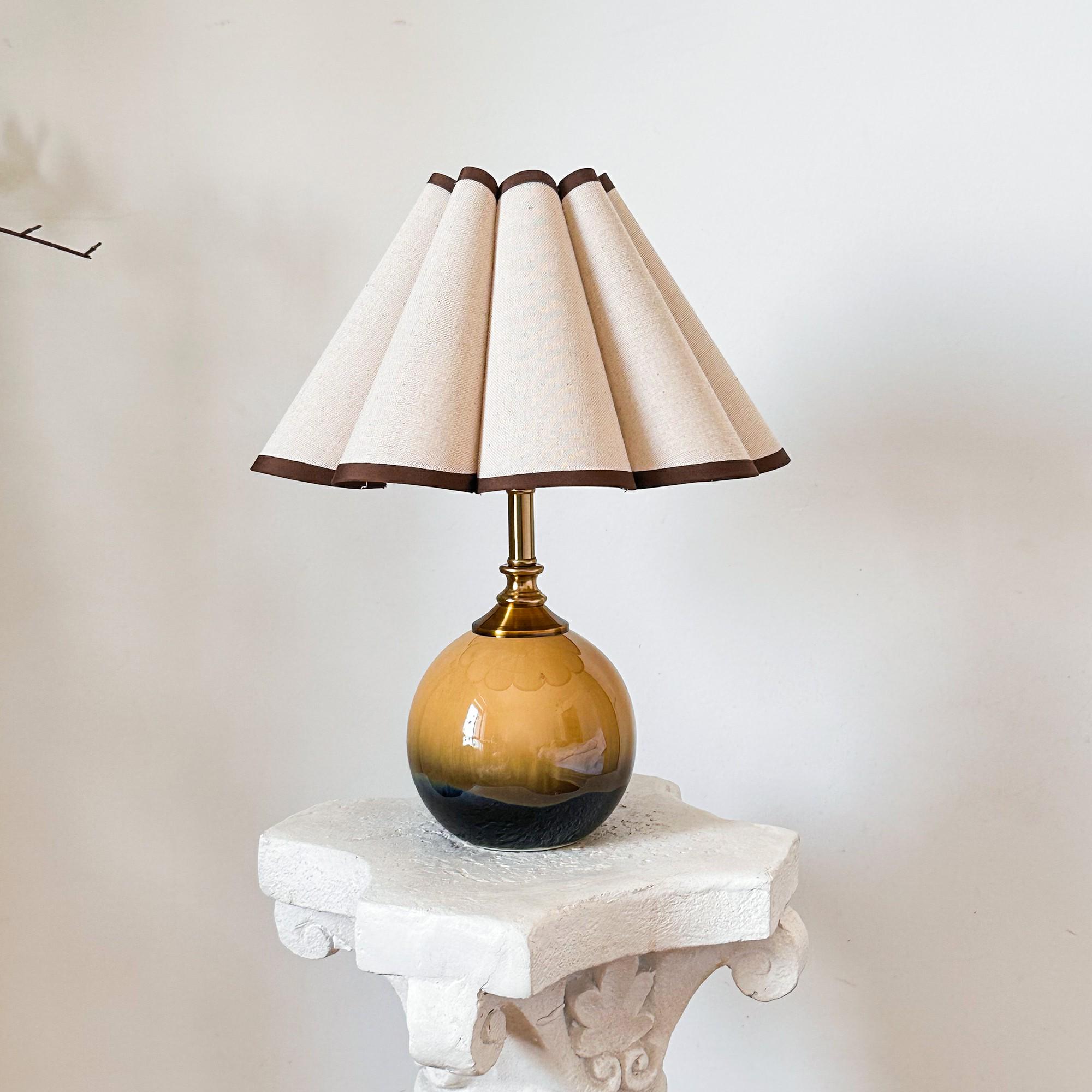 Handmade Brown Ceramic Table Lamp with Pleated Linen Shade