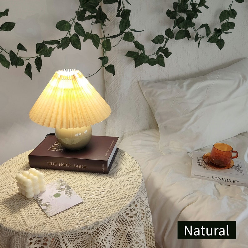 Ceramic Small Brown Table Lamp, Fabric Shade 110-240V, For Bedroom Living Room Kitchen Rustic Coz Art Decorative Nightstand Little Desk Lamp image 7