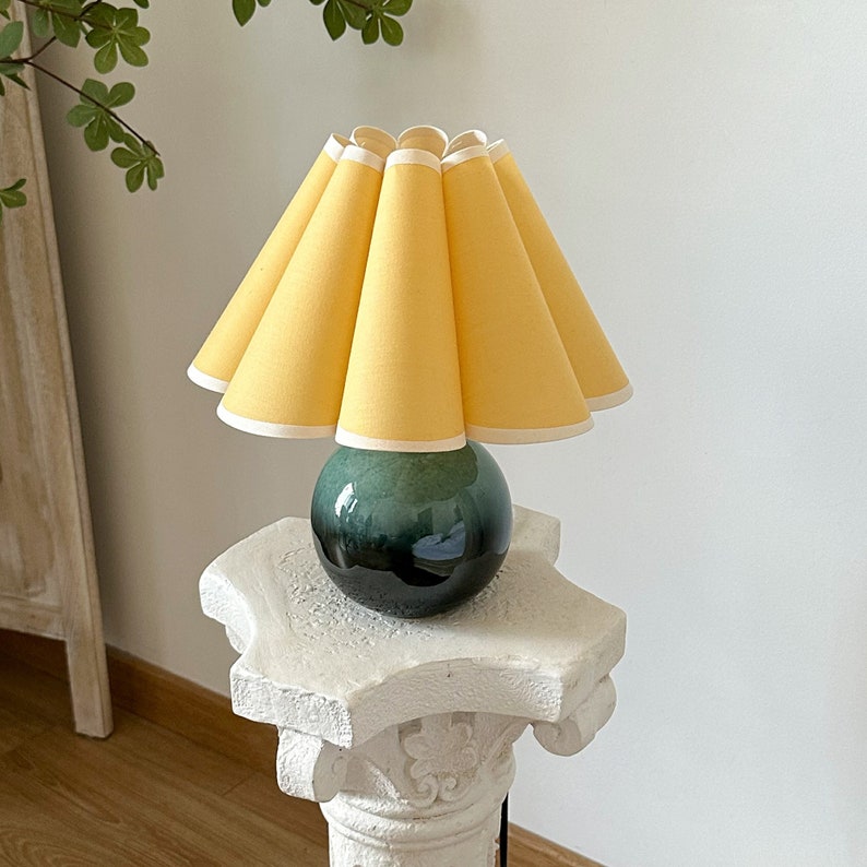 Green Glaze Ceramic Pleated Table Lamp, Black Yellow Petal Pleated Shade, Sturdy Base110-240V, Bedroom Living Room Kitchen Rustic Cozy Decor image 6