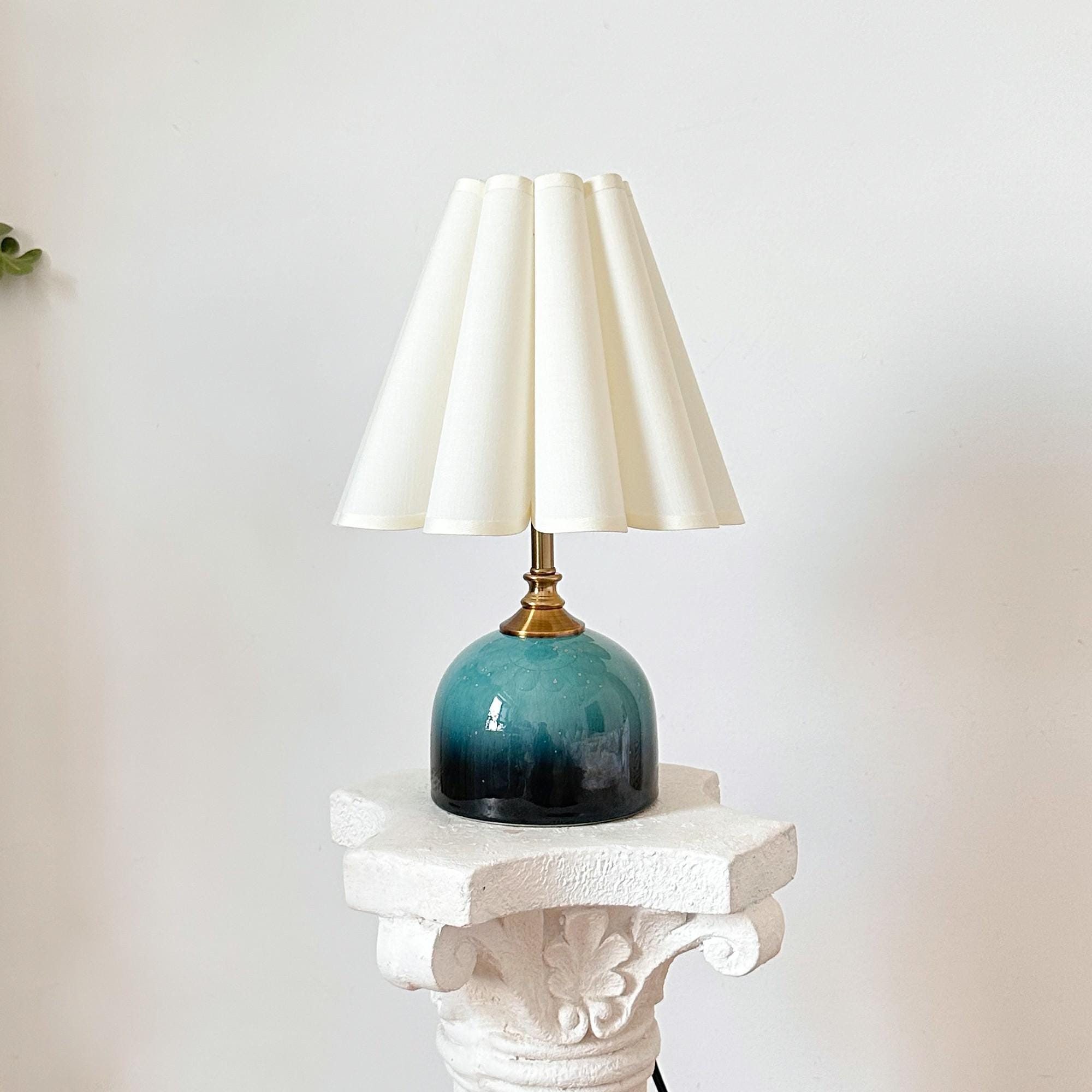 Handmade Green Cyan Glaze Ceramic Tall Table Lamp 110-250V, Scallop Petal Plastic Fabric Cream Shade Bedroom Living Kitchen Retro Cozy Decor