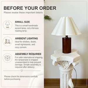 May include: A small accent lamp with a cylindrical dark wood base and a pleated white lampshade. The image includes text: BEFORE YOUR ORDER, SMALL SIZE, AMBIENT LIGHTING, ASSEMBLY REQUIRED, and instructions to review details and check dimensions.
