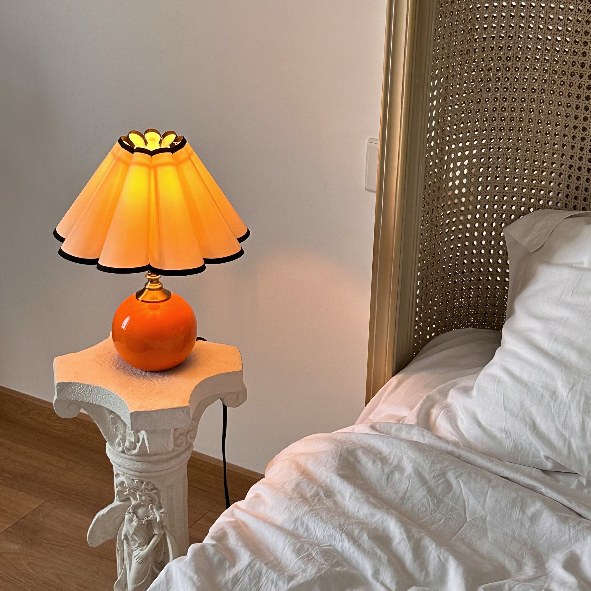 Handmade Orange Ceramic Small Tall Table Lamp 110 250V Pleated Scallop Black Trim Petal Shade Bedroom Living Room Kitchen Neutral Cozy Decor Etsy
