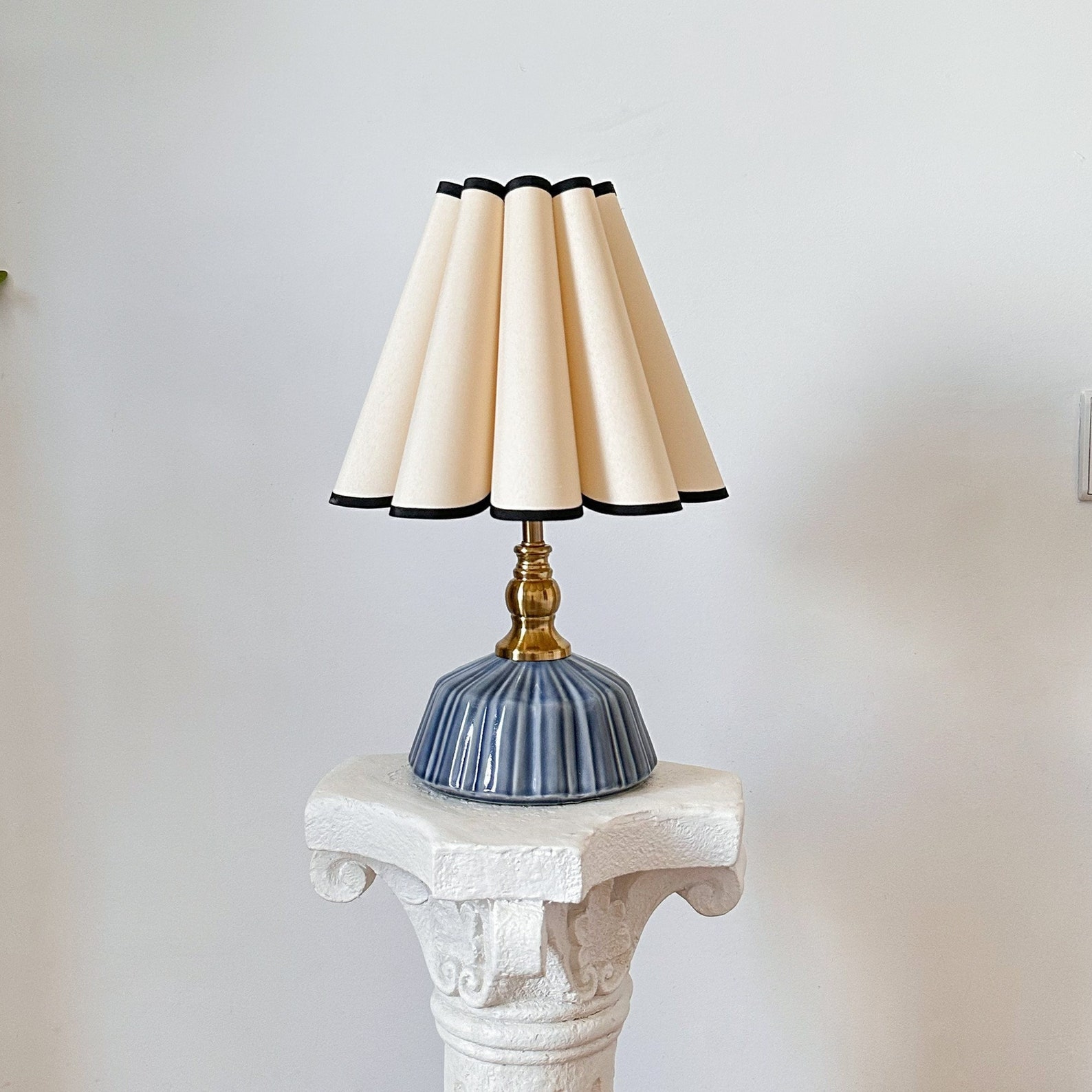 Handmade Classic Navy Ceramic Table Lamp 110-250V, Pleated Scallop Black Trim Tall Petal Shade, Bedroom Living Room Kitchen Neutral Decor