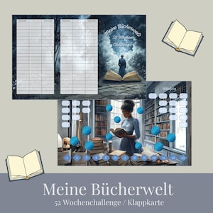 Könnte beinhalten: Ein Satz von drei illustrierten Karten zum Thema Bücher. Die Karten zeigen eine lesende Frau, eine Person vor einem großen Buch und eine Tabelle. Der Text "Meine Bücherwelt 52 Wochen Challenge / Klappkarte" steht unten.