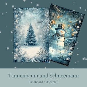 Op de afbeelding: Twee winterse planner dashboards. Eén toont een besneeuwd bos met een kerstboom. De andere toont een sneeuwman met hoge hoed en sjaal. De tekst luidt "Tannenbaum und Schneemann" en "Dashboard / Deckblatt".