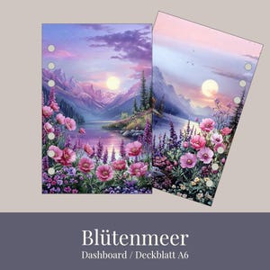 Op de afbeelding: Twee A6 dashboard inserts met een serene landschap met een meer, bergen en een ondergaande zon. De inserts zijn versierd met roze en paarse bloemen, met een kleurenpalet van paars, roze en blauw. De inserts hebben voorgeponste gaten voor binding.