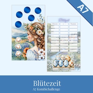 Könnte beinhalten: A7 Kombichallenge mit zwei illustrierten Seiten. Eine Seite zeigt eine Frau mit Blumen im Haar und blauen Kreisen. Die andere Seite hat ein Raster, das Wort "Blütezeit" und dekorierte Ostereier.