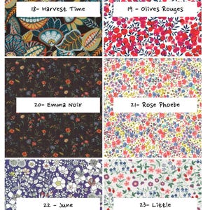 May include: A grid of six fabric swatches featuring floral and botanical patterns. Labels include 18- Harvest Time, 19 - Olives Rouges, 20- Emma Noir, 21- Rose Phoebe, 22 - June, and 23- Little, showcasing various colorful prints on dark and light backgrounds.