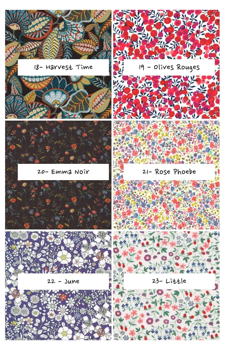 May include: A grid of six fabric swatches featuring floral and botanical patterns. Labels include 18- Harvest Time, 19 - Olives Rouges, 20- Emma Noir, 21- Rose Phoebe, 22 - June, and 23- Little, showcasing various colorful prints on dark and light backgrounds.