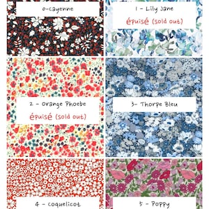 May include: A grid of six fabric swatches featuring floral patterns. The designs include o-cayenne, 1-Lily Jane, 2-orange Phoebe, 3-Thorpe Bleu, 4-coquelicot, and 5-Poppy. Each swatch is labeled with its name, and some indicate they are sold out.