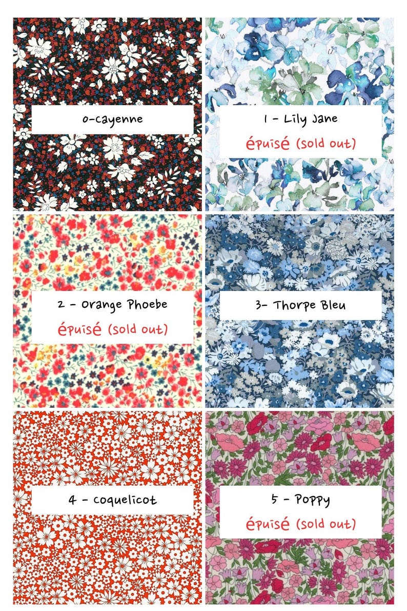 May include: A grid of six fabric swatches featuring floral patterns. The designs include o-cayenne, 1-Lily Jane, 2-orange Phoebe, 3-Thorpe Bleu, 4-coquelicot, and 5-Poppy. Each swatch is labeled with its name, and some indicate they are sold out.