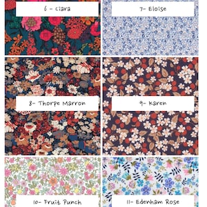 May include: A grid of six fabric swatches featuring floral patterns labeled 6-Ciara, 7-Eloise, 8-Thorpe Marron, 9-Karen, 10-Fruit Punch, and 11-Edenham Rose. The designs display various botanical motifs in color palettes of dark blue, pink, white, and brown.
