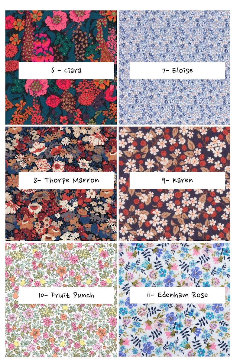 May include: A grid of six fabric swatches featuring floral patterns labeled 6-Ciara, 7-Eloise, 8-Thorpe Marron, 9-Karen, 10-Fruit Punch, and 11-Edenham Rose. The designs display various botanical motifs in color palettes of dark blue, pink, white, and brown.