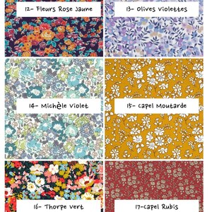 May include: A grid of six floral fabric swatches. 12- Fleurs Rose Jaune features pink and yellow flowers on dark blue. 13- Olives Violettes shows purple blossoms. 14- Mich&egrave;le violet displays blue flowers. 15- capel Moutarde has white flowers on mustard yellow. 16- Thorpe vert is multi-colored. 17-capel Rubis has white flowers on red.