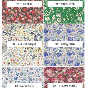 May include: A grid of six fabric swatches featuring floral and star patterns. The designs are labeled 24-Nectar, 25-capel vert, 26-Etoiles Beiges, 27-Betsy Bleu, 28-Luna Belle, and 29-Thorpe violet, showcasing various color palettes and motifs.