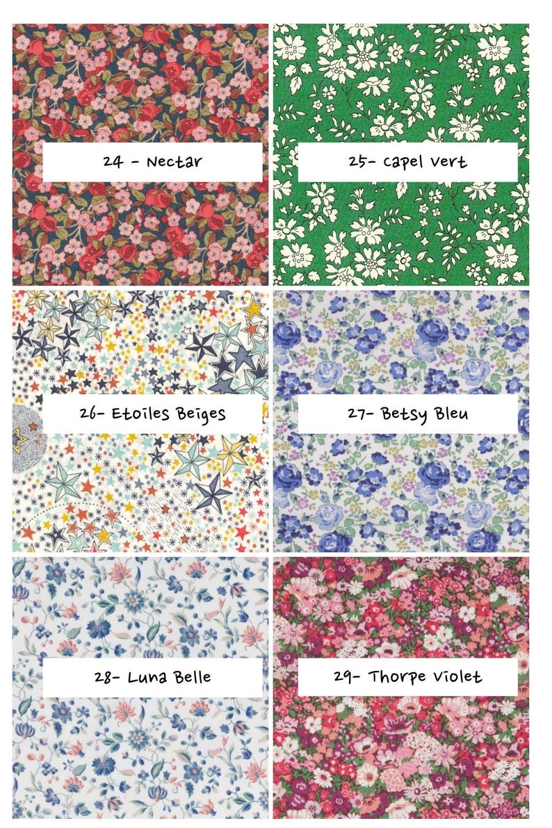 May include: A grid of six fabric swatches featuring floral and star patterns. The designs are labeled 24-Nectar, 25-capel vert, 26-Etoiles Beiges, 27-Betsy Bleu, 28-Luna Belle, and 29-Thorpe violet, showcasing various color palettes and motifs.