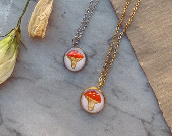 Handmade mushroom necklace painted with gouache + resin for a shiny effect. Gift idea for her him, Christmas xmas! Choose gold or silver.