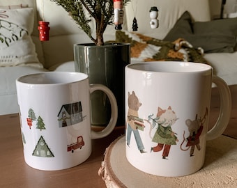 Winter Xmas mugs with animals or houses. Great gift idea! Choose your favorite ceramic cup to give for Christmas. Handcrafted in Italy by me