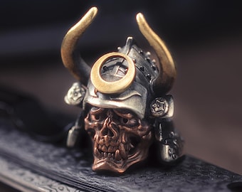 Samurai Hannya Mask Helmet Paracord Bead: Brass, White Brass & Copper, Movable Jaw