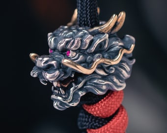 Chinese Dragon Paracord Bead – 925 Silver，Brass, Copper& Ruby Eyes | Mythical EDC Lanyard Bead