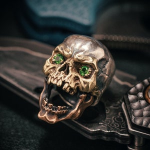 Custom Skull Paracord Bead: Silver & Brass, Green Diopside Eyes, Copper Jaw