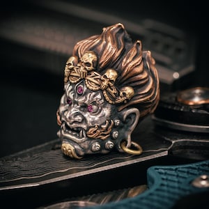 Mahakala Paracord Bead: S925 Silver Face, Ruby Eyes, Brass Crown