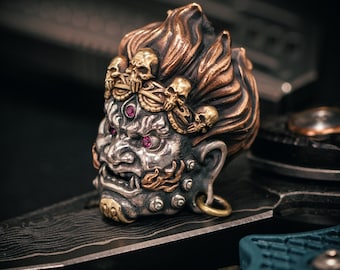 Mahakala Paracord Bead: S925 Silver Face, Ruby Eyes, Brass Crown