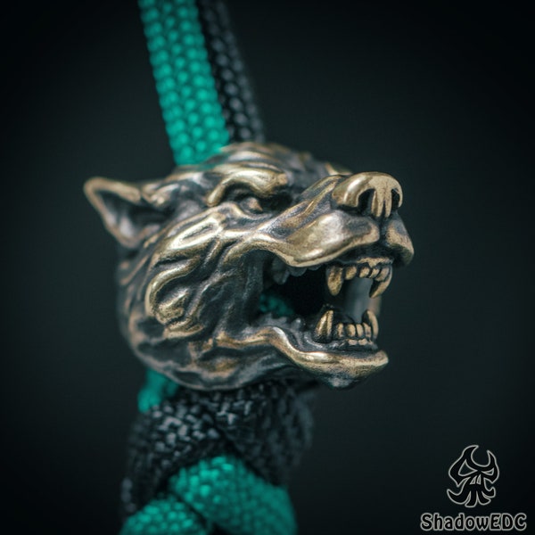 Paracord Perle wilder Wolf Kopf für Messer, Messer Perle, Schlüsselband Perle, Edc Perle, EDC Zahnräder, aus Sterling Silber, Messing, Kupfer und weißem Messing