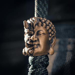 May include: A bronze-colored pendant featuring a split design: one half a serene Buddha face, the other a fierce demon. The pendant is suspended from a dark green woven cord, creating a striking contrast. The intricate details of both faces are clearly visible.