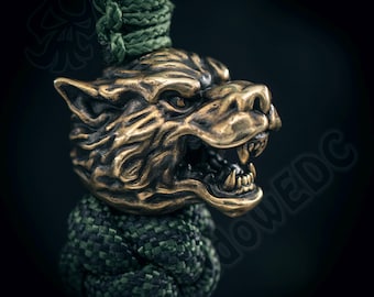 Sterling Silver Wolf Head Paracord Bead, Knife Lanyard Bead, EDC Gear