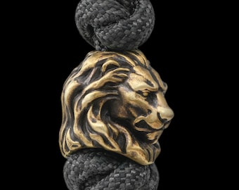 Lion Head Paracord Bead, EDC Knife Lanyard, Sterling Silver, Brass, Copper