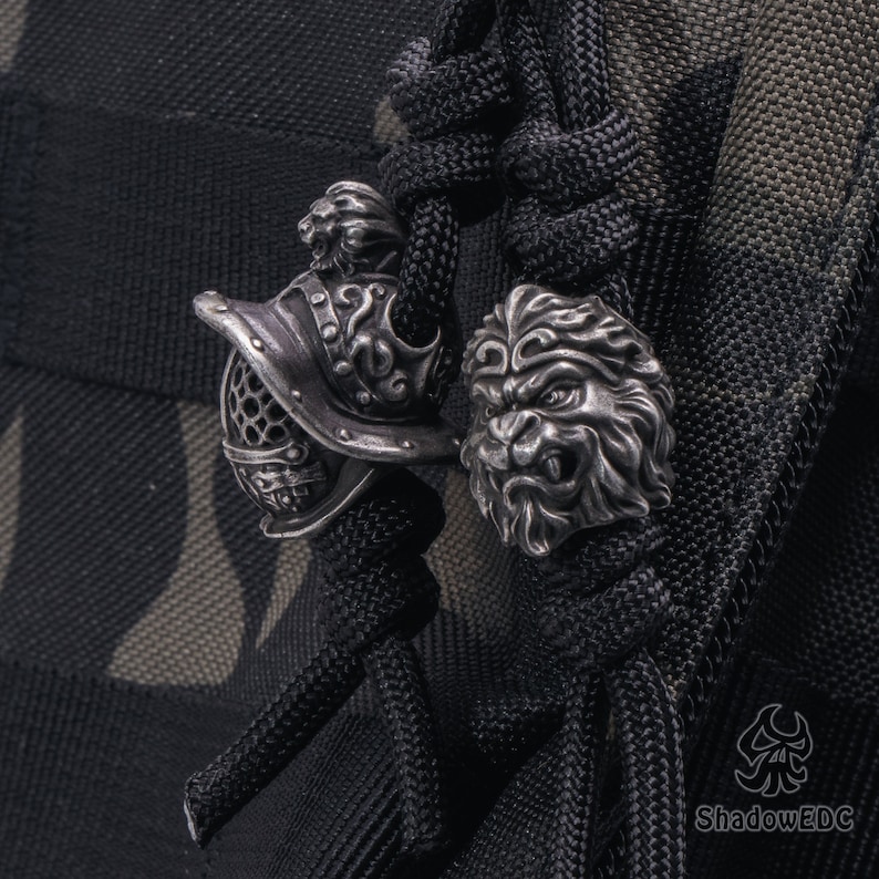 Side angle showing lion crest on helmet top referencing Roman military iconography.