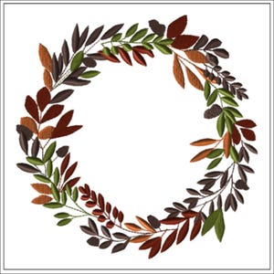 May include: An embroidery design of a circular wreath composed of autumn-themed leaves in shades of dark brown, rust orange, and olive green. The foliage is arranged in a continuous ring pattern with visible stitch textures throughout the leaves.