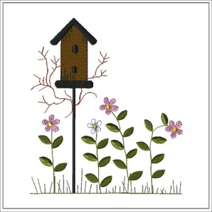 Jardín de flores con casita para pájaros / Diseño de bordado a máquina n.° 1020